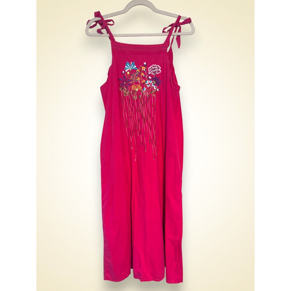 Vintage Mexican Embroidered Cotton Sundress Pink Floral Size Large Pockets